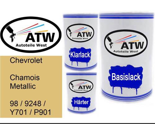 Chevrolet, Chamois Metallic, 98 / 9248 / Y701 / P901: 500ml Lackdose + 500ml Klarlack + 250ml Härter - Set, von ATW Autoteile West.